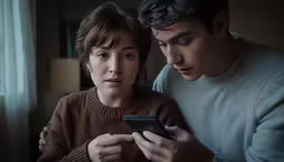 a young man and woman looking at a cellphone