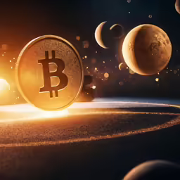 an image of some planets with a bit coin on it