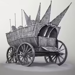 an old model wooden carriage on wheels with sailboats