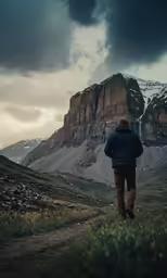a person walking up the road towards a mountain