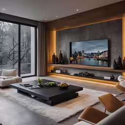 a living room has a flat screen tv mounted on the wall