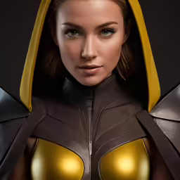 a woman dressed up like a superhero with a hood on
