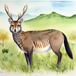 a deer with large antlers is standing in a green grass field,a painting of a horned deer by a mountain