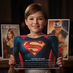 the young child smiles holding up a superman poster