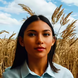 the woman in the dress is standing in a field