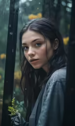 a girl standing outside with her face looking down on the ground
