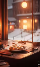 two plates with food on a table by the window