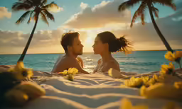 a man and woman on a beach facing each other
