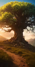 the sun shines through the tall, old tree on top of a mountain,the sun is shining behind a very tall tree