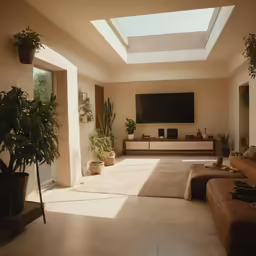 a sunlit, inviting living room features plants and furniture