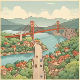 an illustrated painting of a golden gate bridge