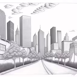 a drawing of a road with skyscrapers and trees,the image is drawn in pencil on paper,a drawing of a city with tall buildings,pencil drawing of city with skyscrapers and trees,an illustrated photo of a city street with trees