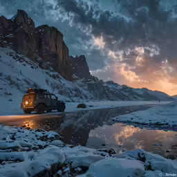the vehicle is traveling down the icy road
