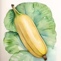 painting of a banana with green leaves,a banana is on a leaf painting with watercolors