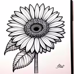 drawing a sunflower in black and white with a pencil,a drawing of a sunflower with large leaves on it,a drawing of a flower that is black and white,a drawing of a sunflower with a green center,the back side of a white paper has an image of a flower