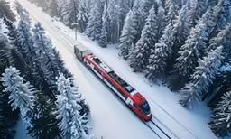 train traveling through snowy country side next to evergreens