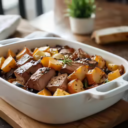 meat, potatoes and some sort of garnish in a white bowl
