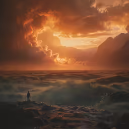 a man stands in a foggy field as the sun sets