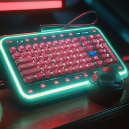 the computer keyboard has glowing pink keys and red lights