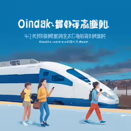 advertisement for japan rail, showing passengers walking by a bullet train