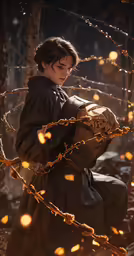 the young woman is standing next to branches holding something