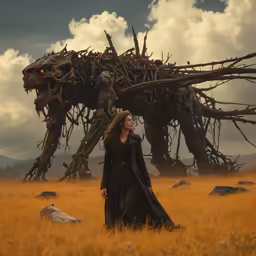 a woman standing next to a giant wooden structure