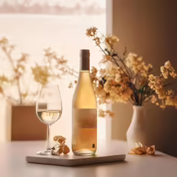 a bottle of wine, a glass and some nuts