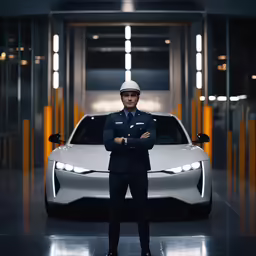 a man is in front of a car, wearing a helmet