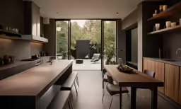 a kitchen with many dark colored wood cabinets and tables