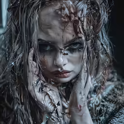 woman with long hair has wet makeup and is wrapped in hair