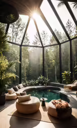 a pool in the middle of a room next to a window