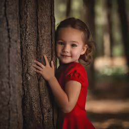 a girl in red standing next to a tree