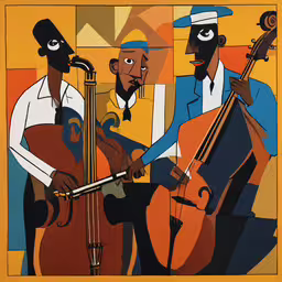 three musicians are depicted with a big sign that says