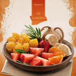 a bowl filled with various fruit and an orange