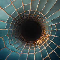 inside a turquoise glass tube in an island with a circular opening