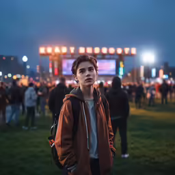 a person standing in the grass near a stadium at night