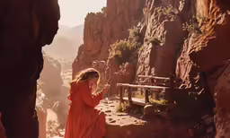a woman in a long orange dress standing next to rocks and a wooden bench