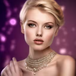 the girl is wearing an elegant dress with jewelry,a model with a choker and necklace on her neck
