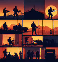 some people with guns are standing on top of buildings,this is the setting sequence of the animated game call of duty