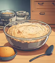 a pie crust is shown next to some dishes,an empty dish of food sits next to a wooden table