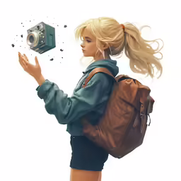 a girl with a camera and hand gesture is looking at the camera