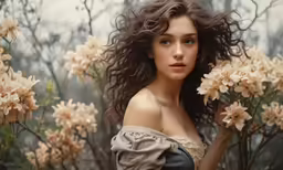 a young woman in a white blouse is posing by flowers