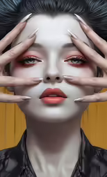 an illustration of a woman wearing fake makeup and painted nails