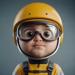 a little boy with glasses and a helmet on