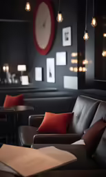 the black leather couch and wooden tables are in the dark