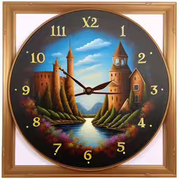 a painting of a castle on the wall,the large clock features a landscape and castle on the front
