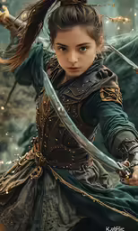 a young woman is standing in the woods with a sword
