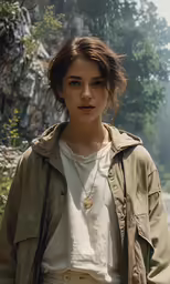 a young girl stands outside on a mountain