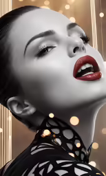 a woman wearing black and white clothing with a red lipstick