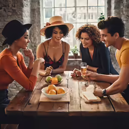 friends enjoying a drink together at a wooden table